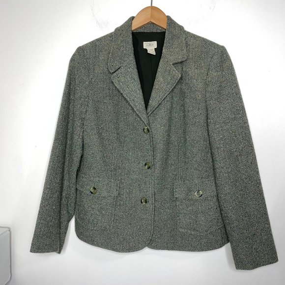 Vintage LL Bean Women's Petite XL Wool Blend Tweed Herringbone Blazer Green - Picture 9 of 14